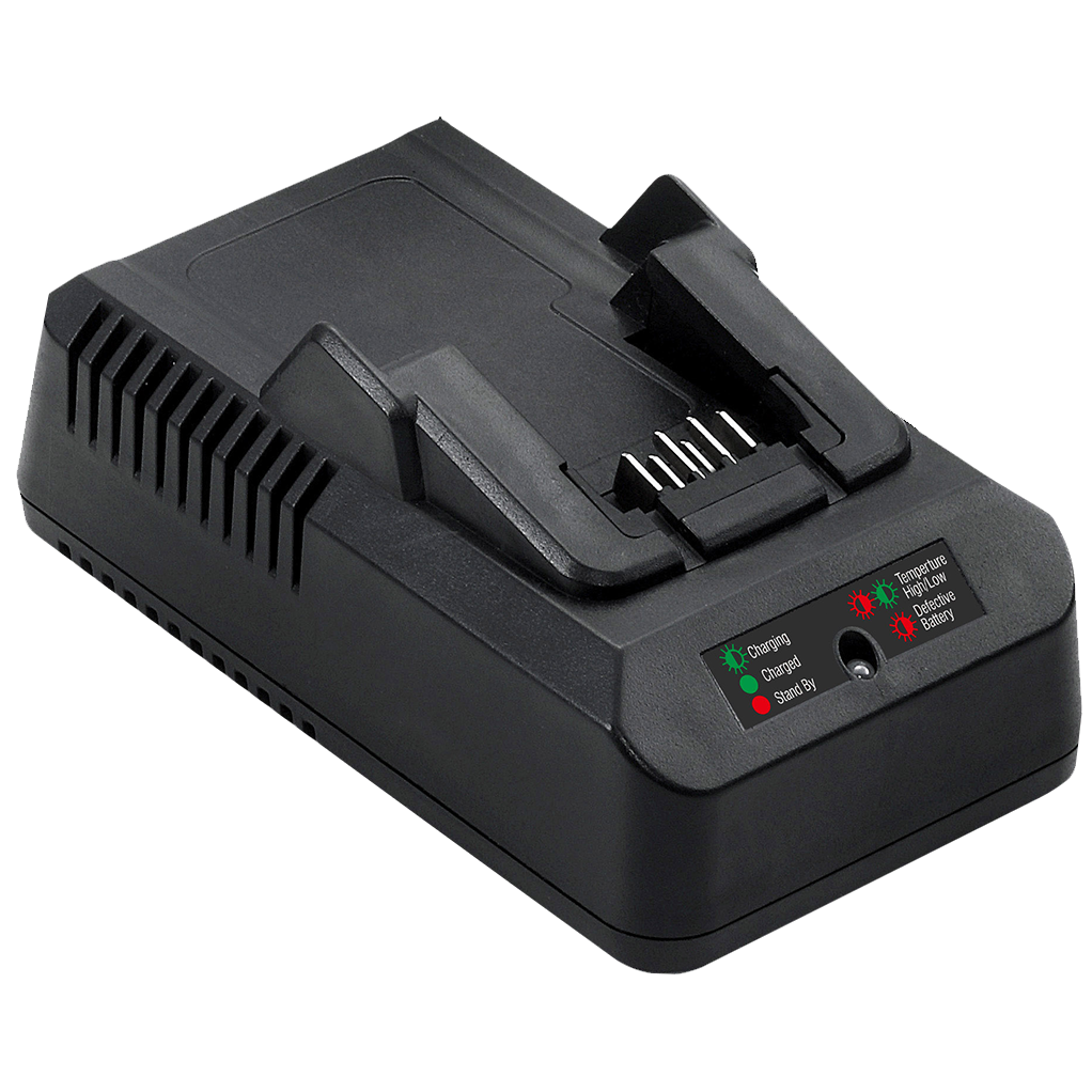 Black battery charger with LED indicators on a white background