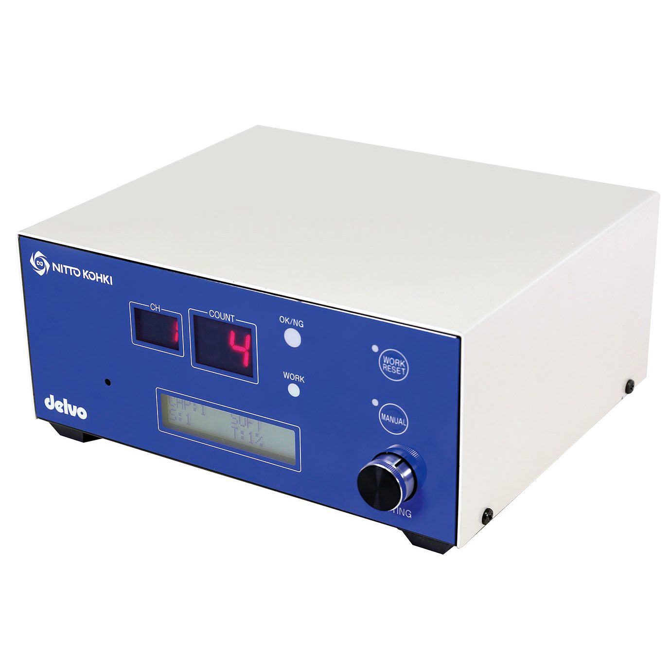 White and blue electronic device with digital display on a white background