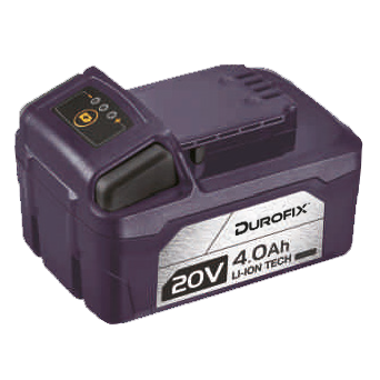 Purple Durofix battery pack with 4.0 Ah capacity on a white background