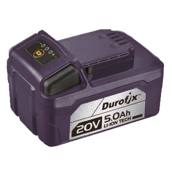 Purple Durofix battery pack with 5.0 Ah capacity on a white background