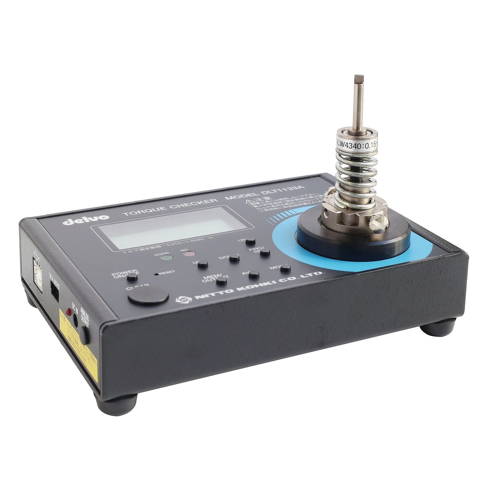 Torque checker device with digital display and adjustable knob on a white background