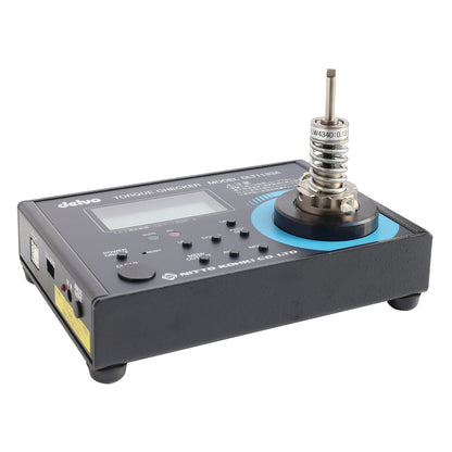 Torque checker device with digital display and adjustable knob on a white background