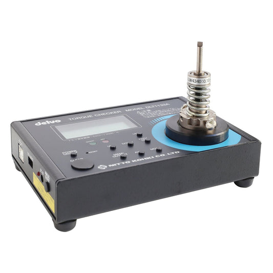 Torque checker device with digital display and adjustable knob on a white background