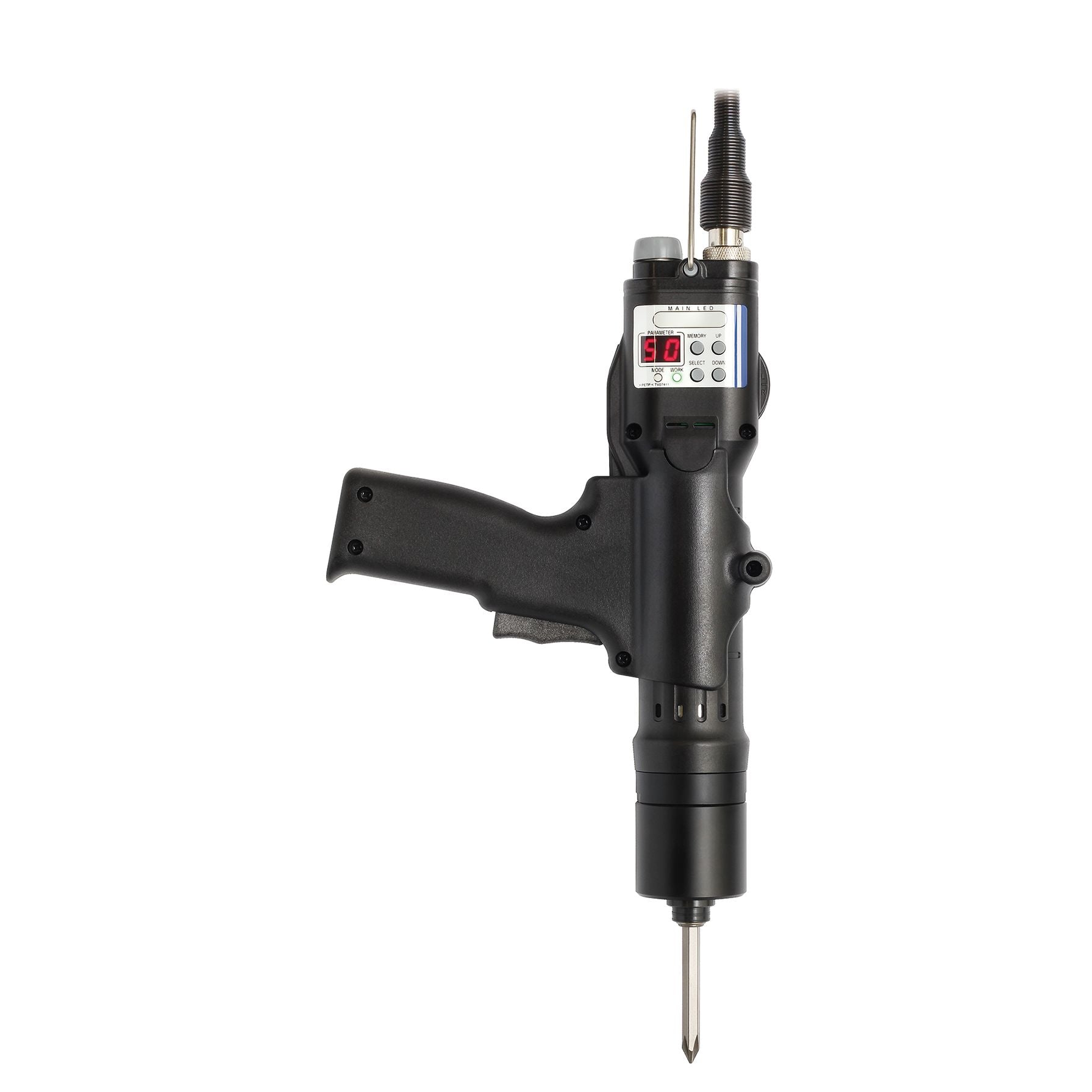 Black handheld tool with digital display on a white background