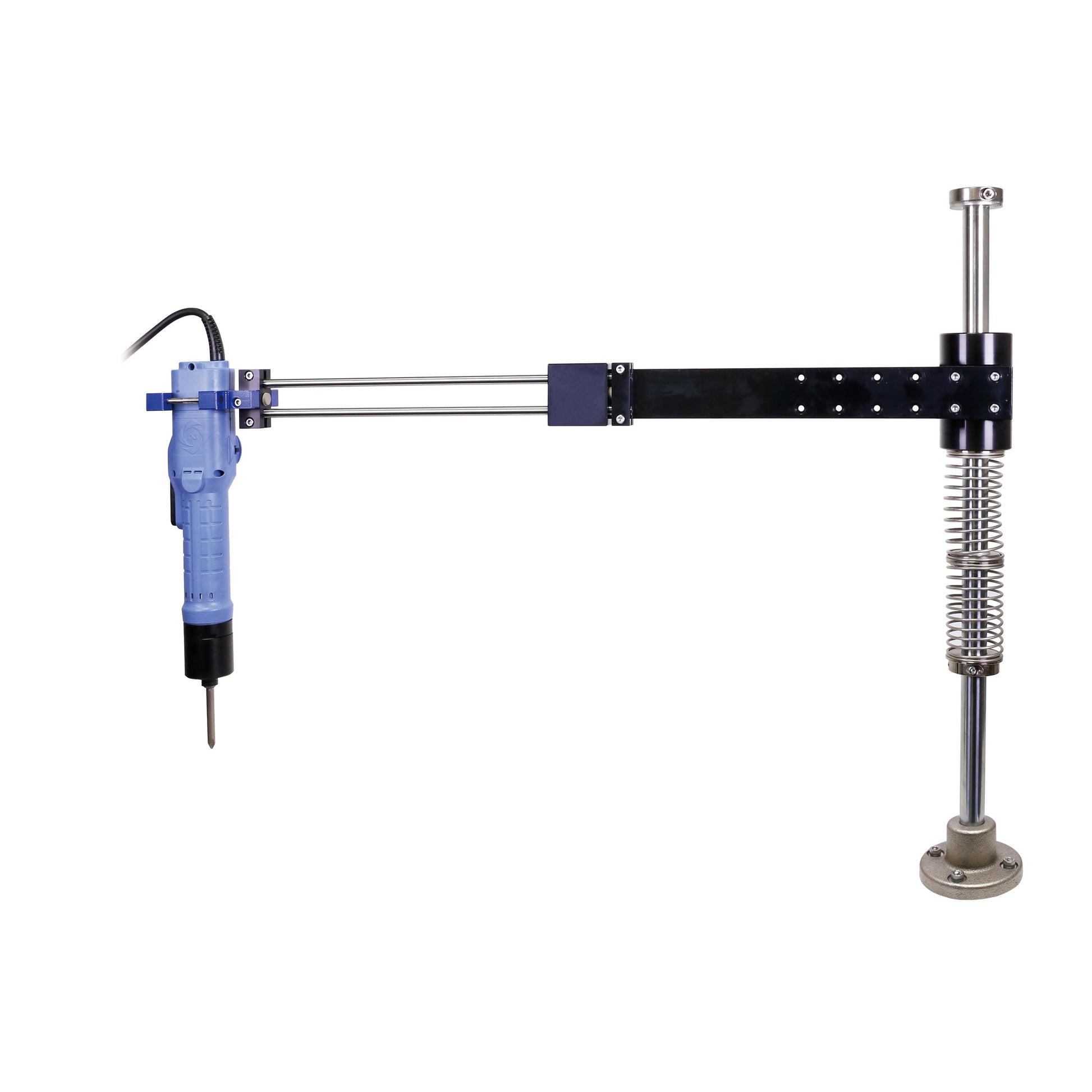 Reaction arm with blue and black components on a white background