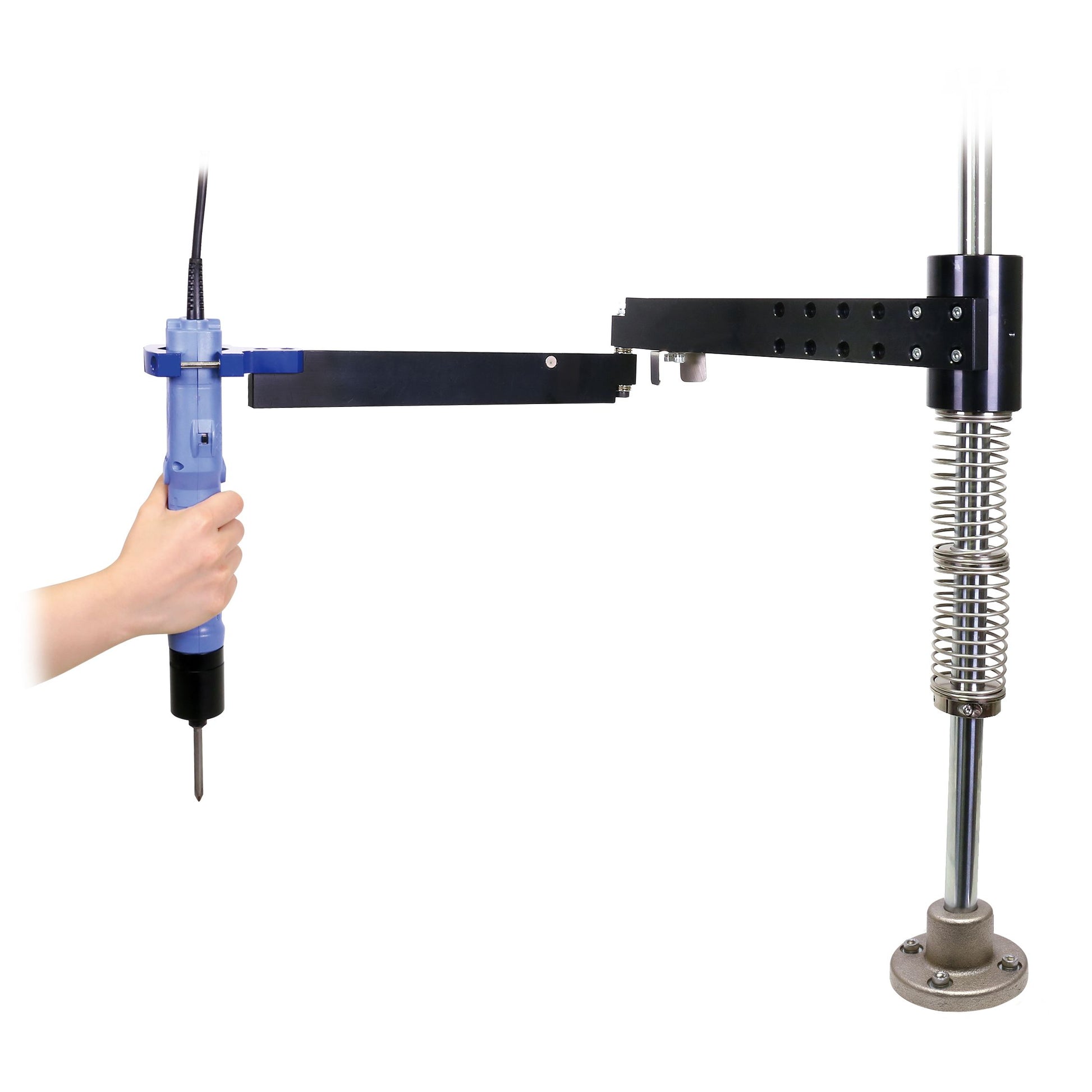 Mechanical device with a hand holding a handle on a white background