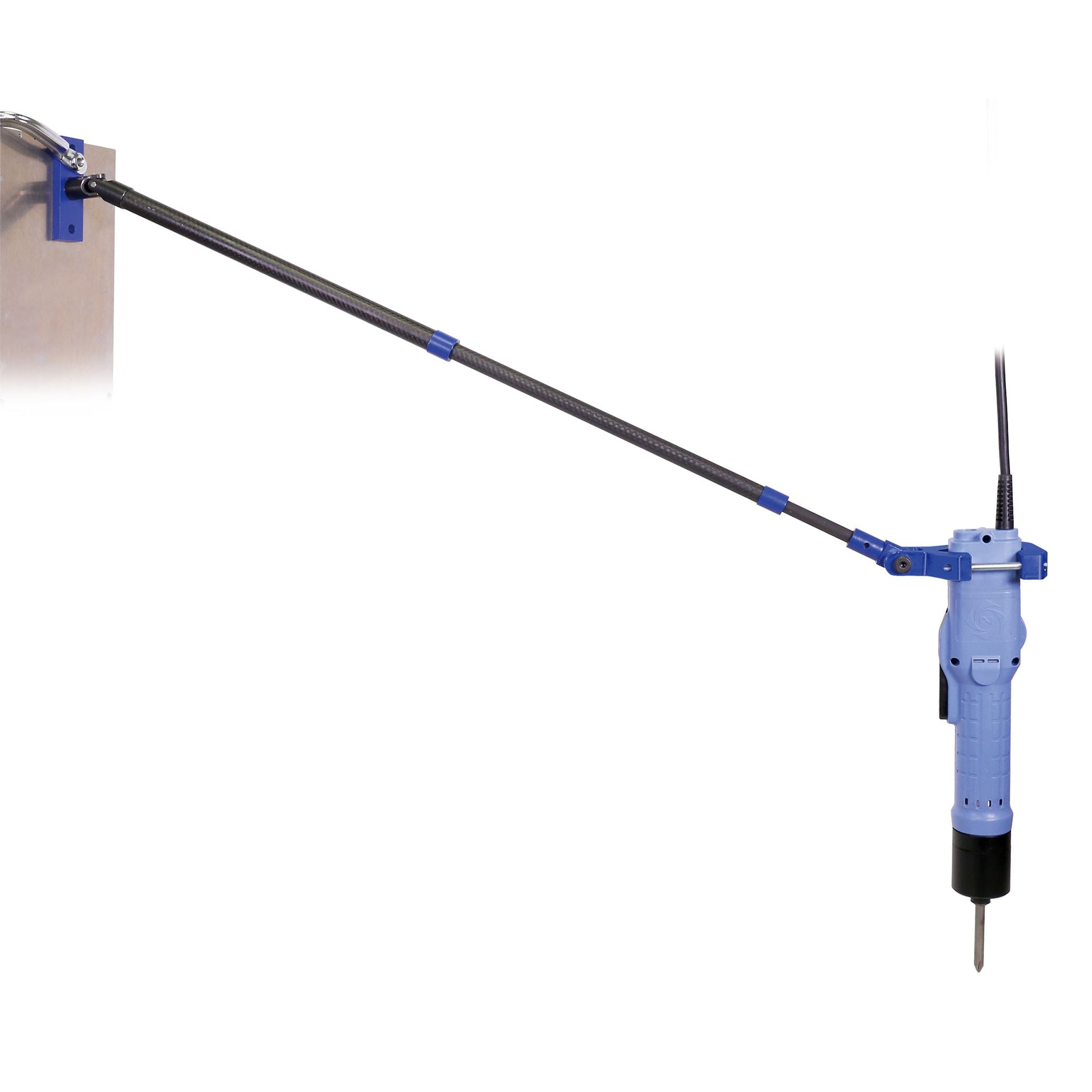 Blue and black handheld tool with a long arm on a white background