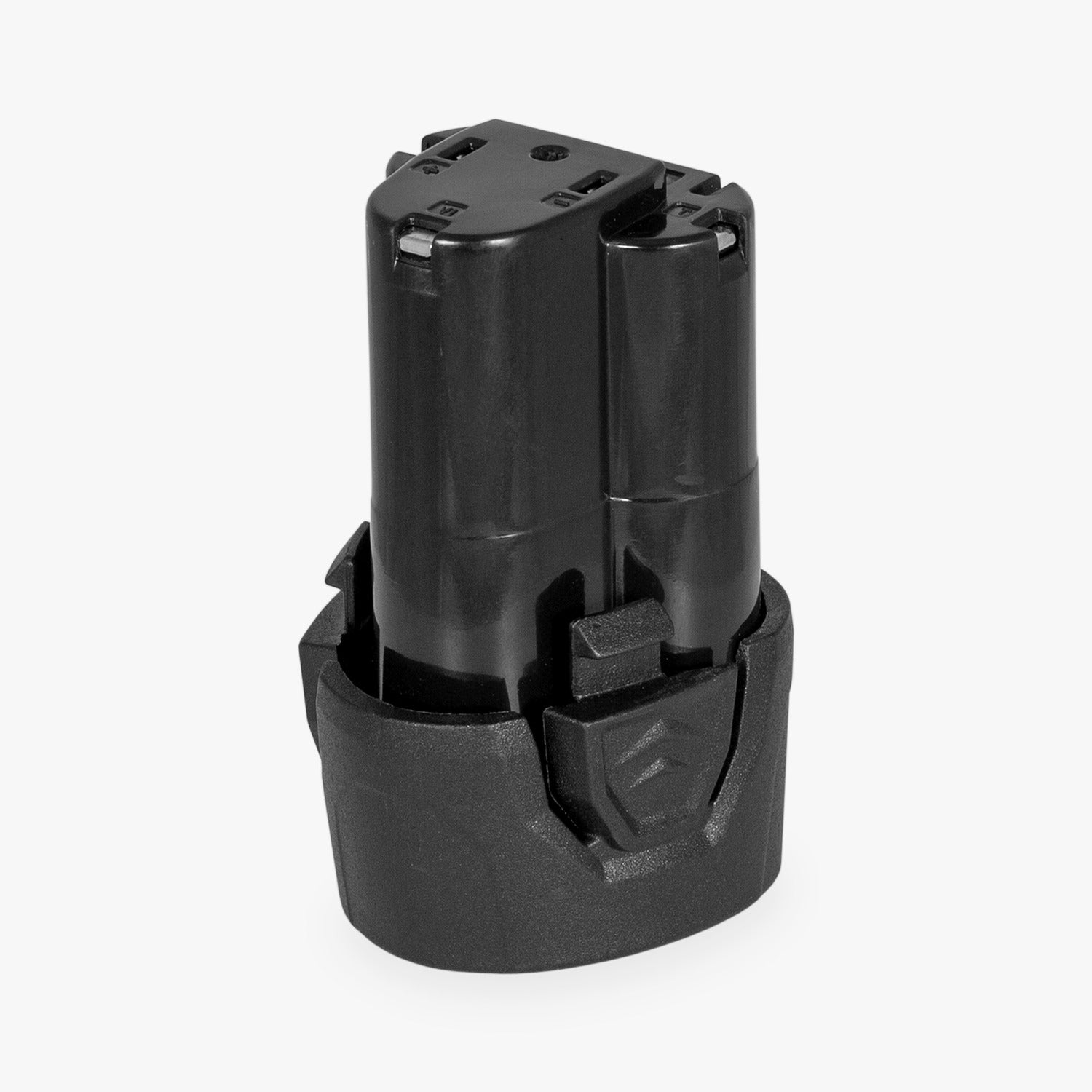 Black power tool battery on a white background