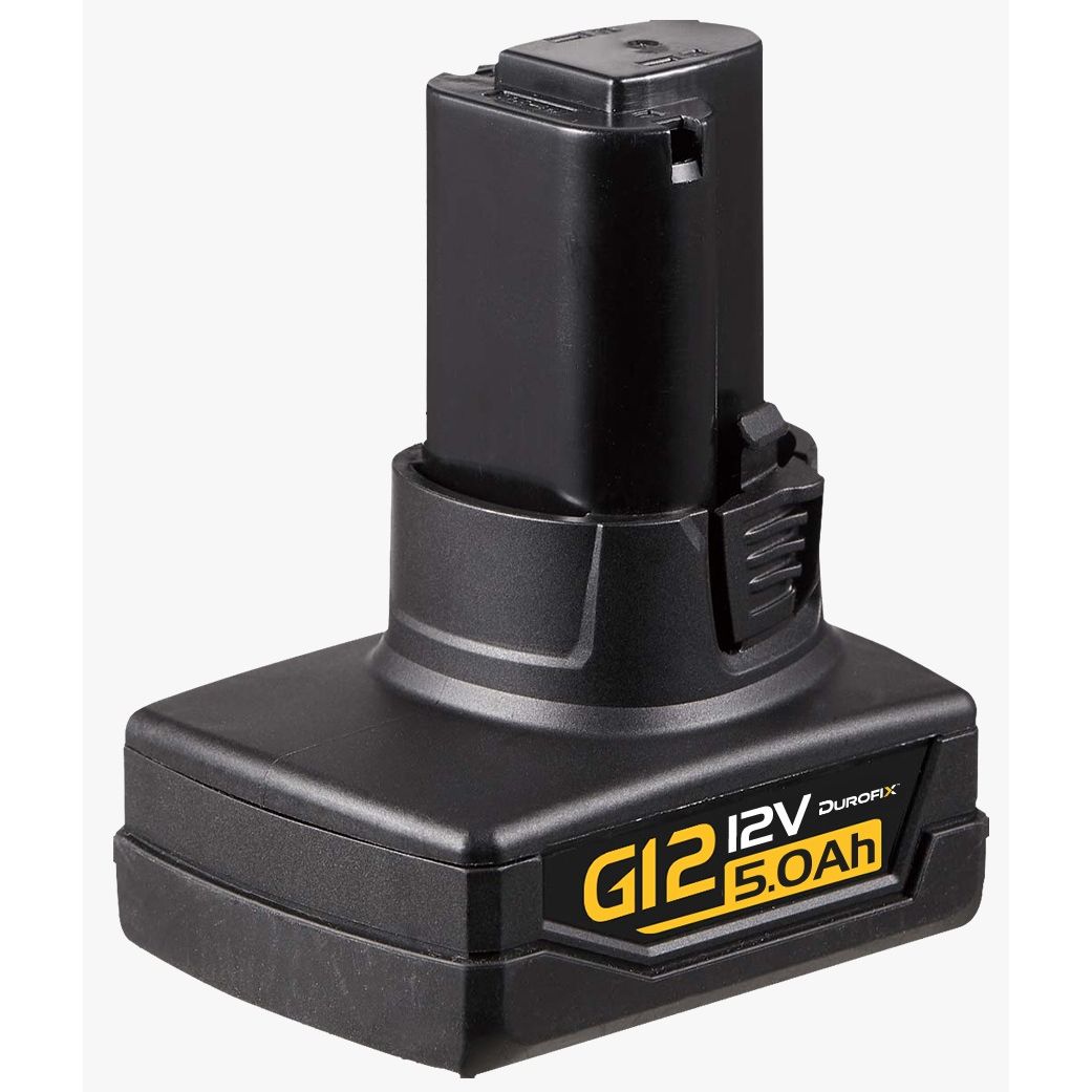 Black battery pack with 'G12 12V 5.0Ah' label on a white background