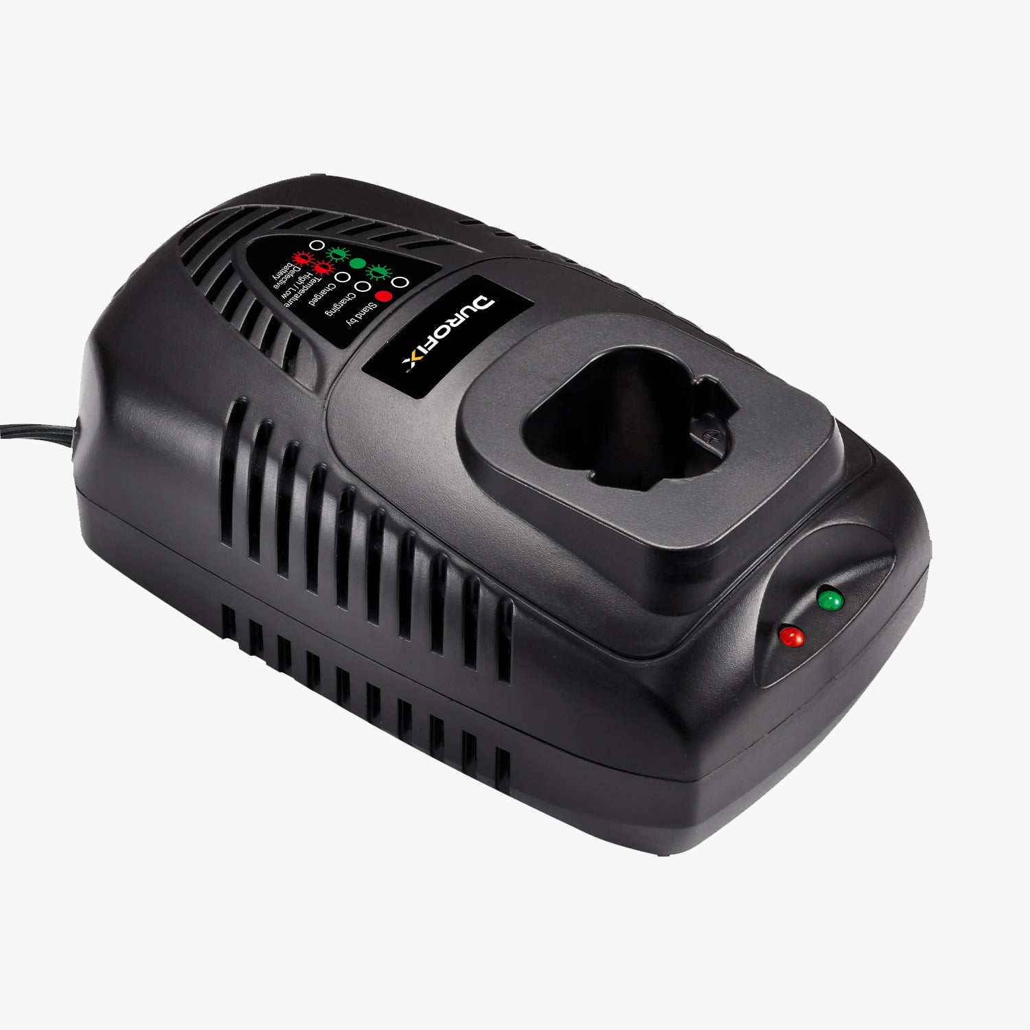 Black battery charger with visible brand logo on a white background