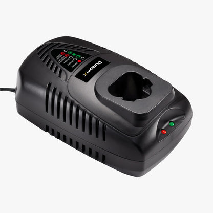 Black battery charger with visible brand logo on a white background