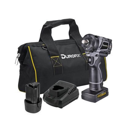Durofix impact driver set with bag, battery, and charger on a white background