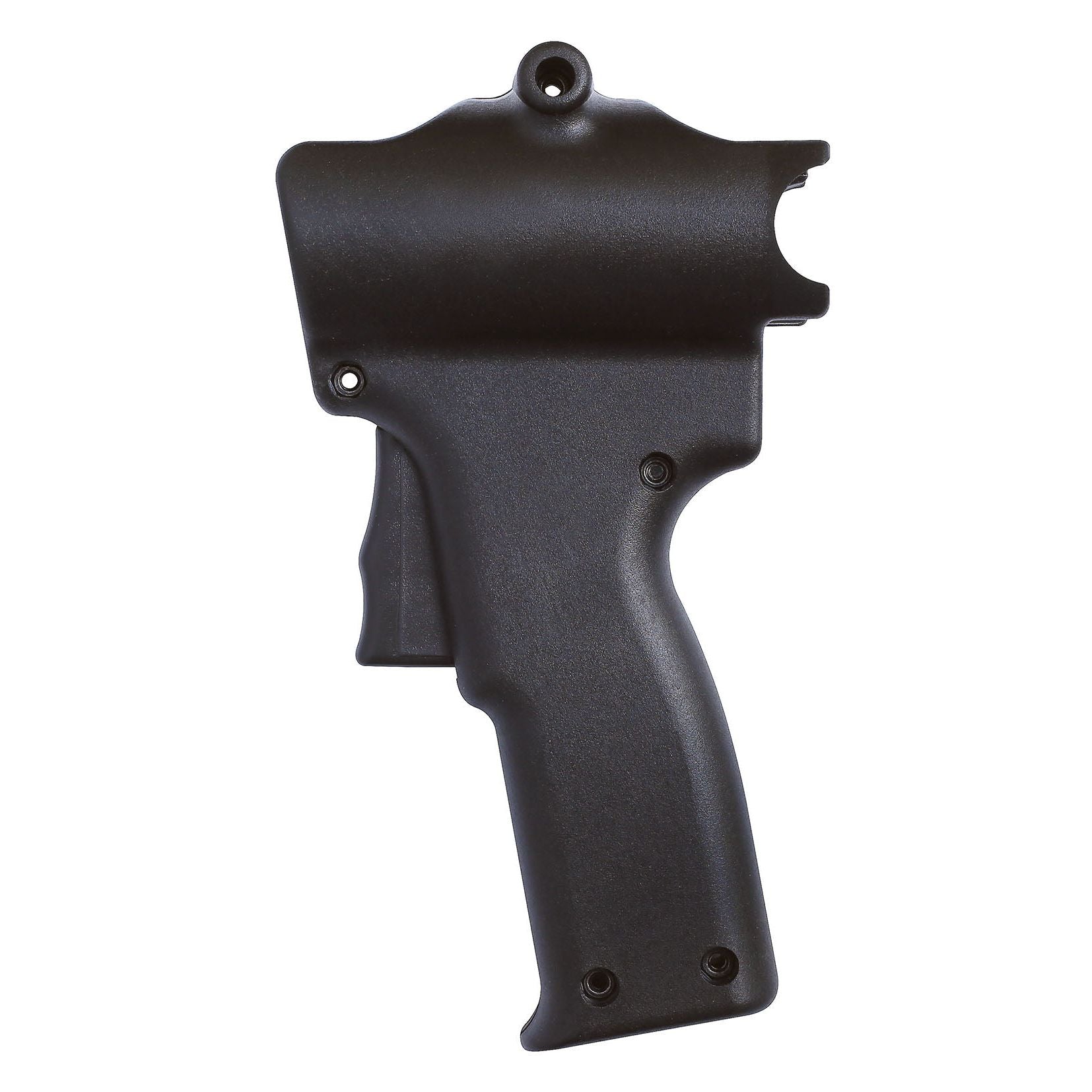 Black plastic gun grip on a white background
