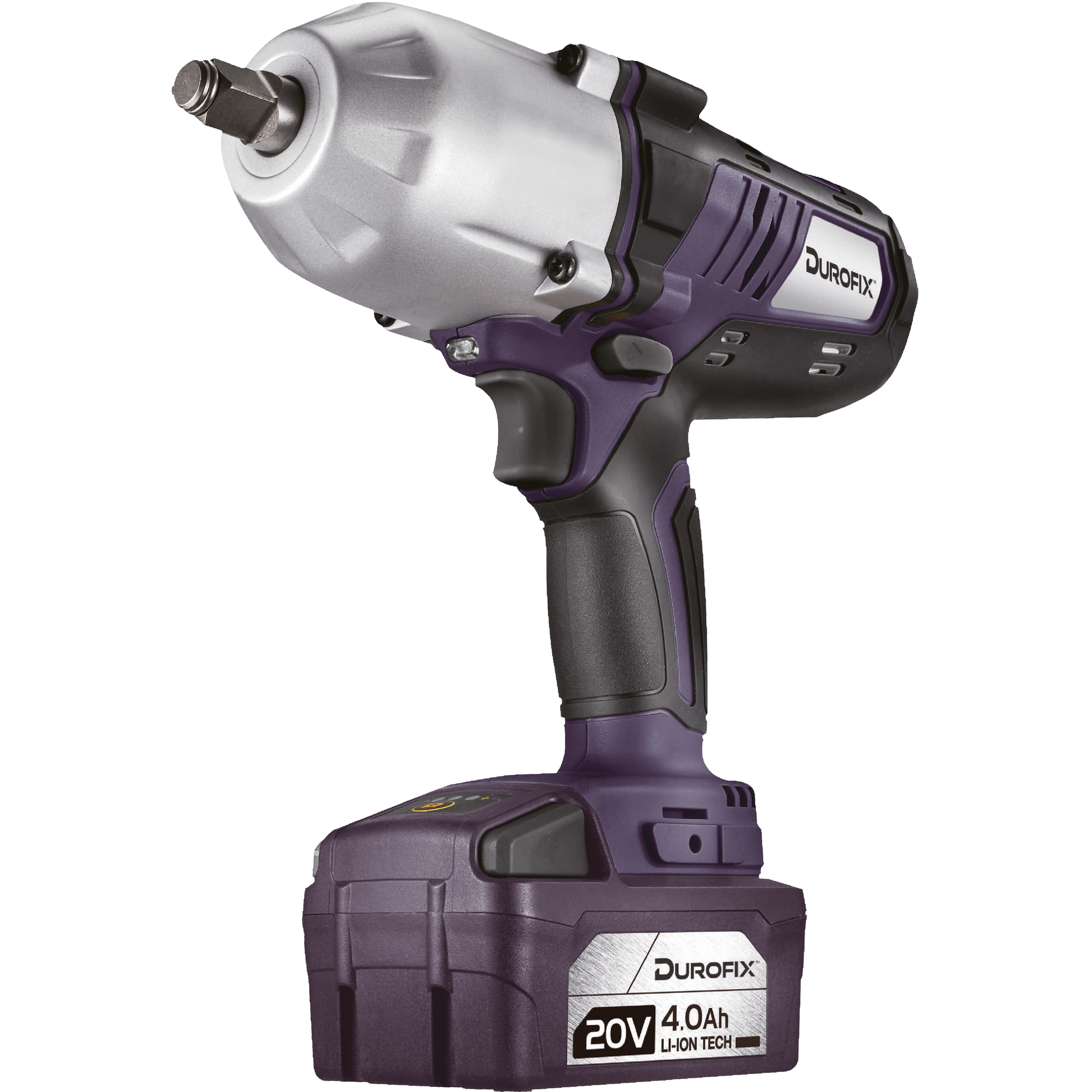 Purple and silver cordless impact wrench with battery on a white background