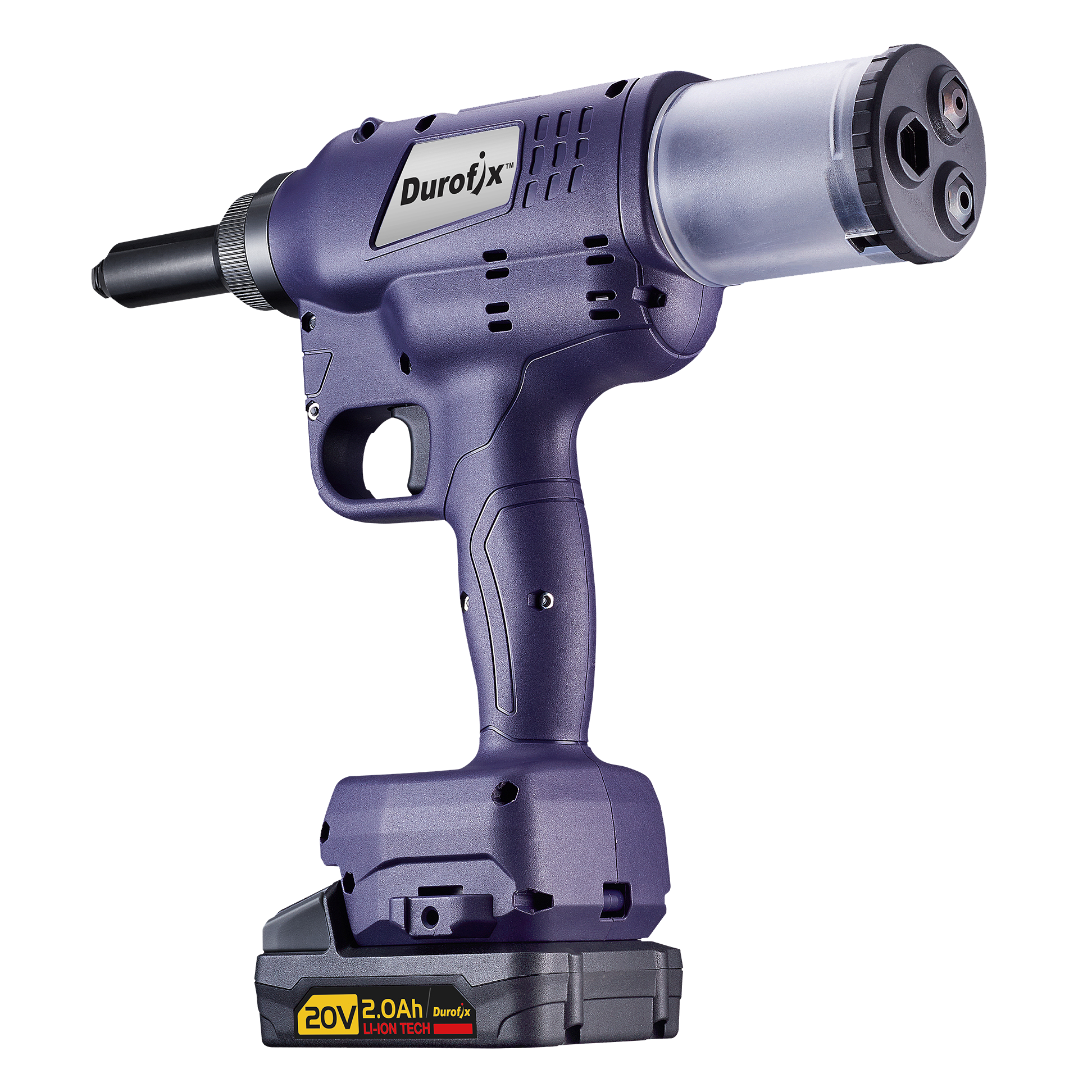 Purple Durofix cordless rivet tool on a white background