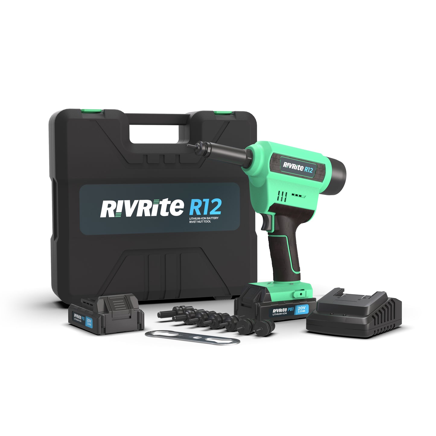 RIVRite R12 cordless drill with accessories on a white background