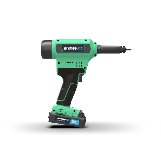 Green and black riveting tool with 'Rivrite' branding on a white background