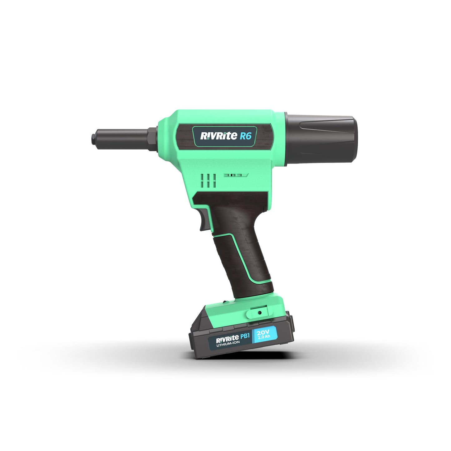 Green and black riveting gun with 'RivRite' branding on a white background