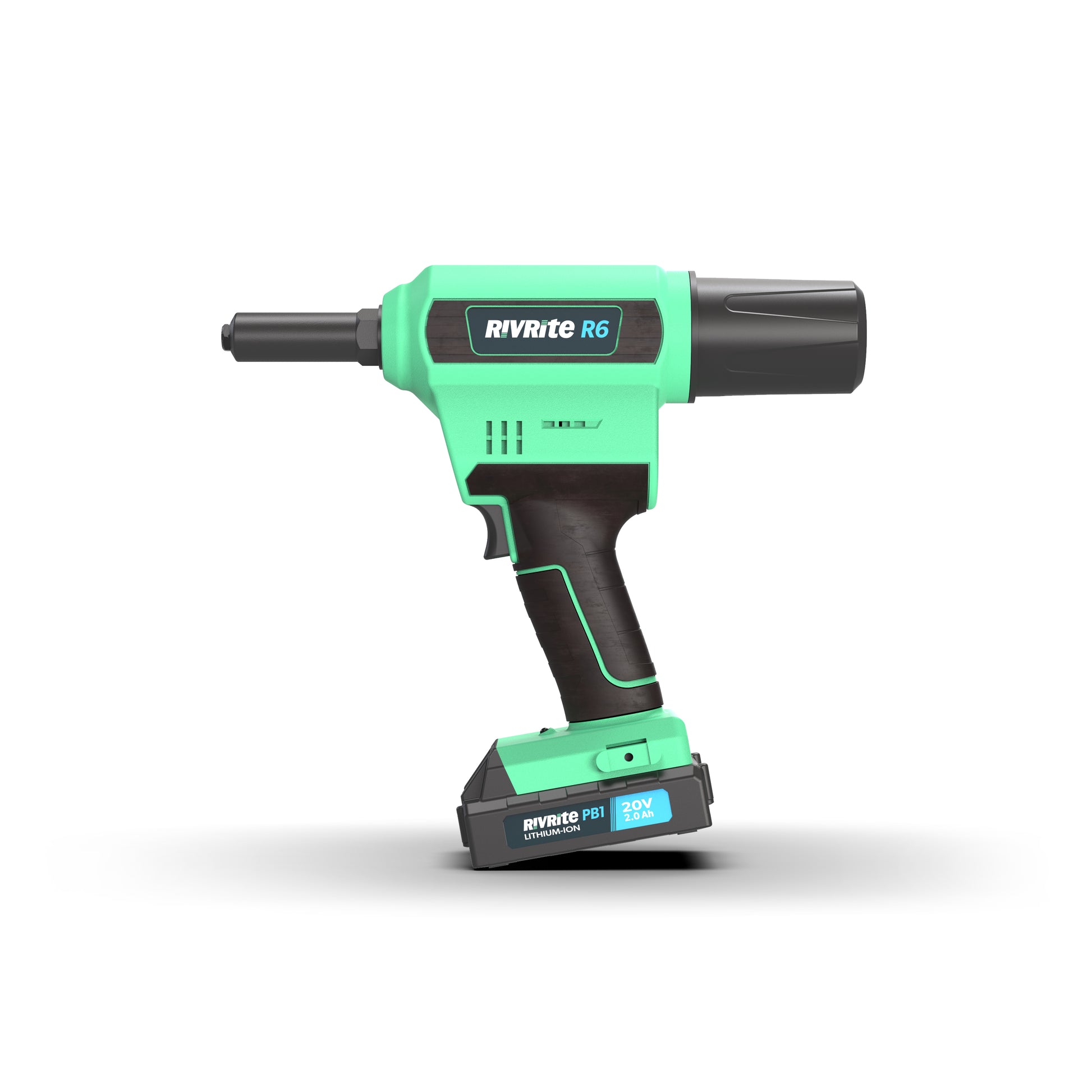Green and black riveting gun with 'RivRite' branding on a white background