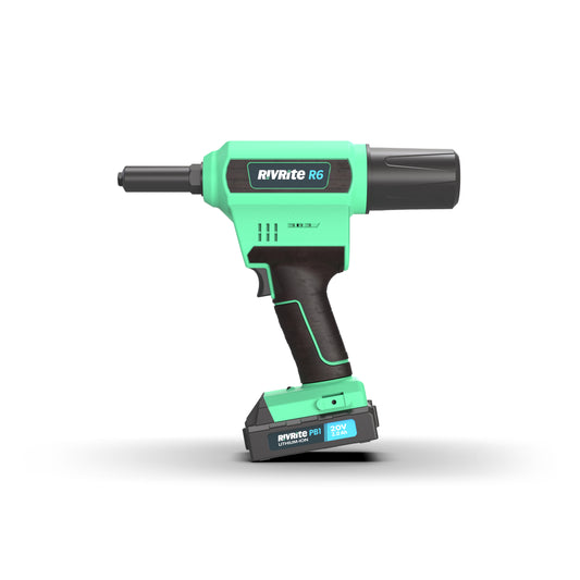 Green and black riveting gun with 'RivRite' branding on a white background