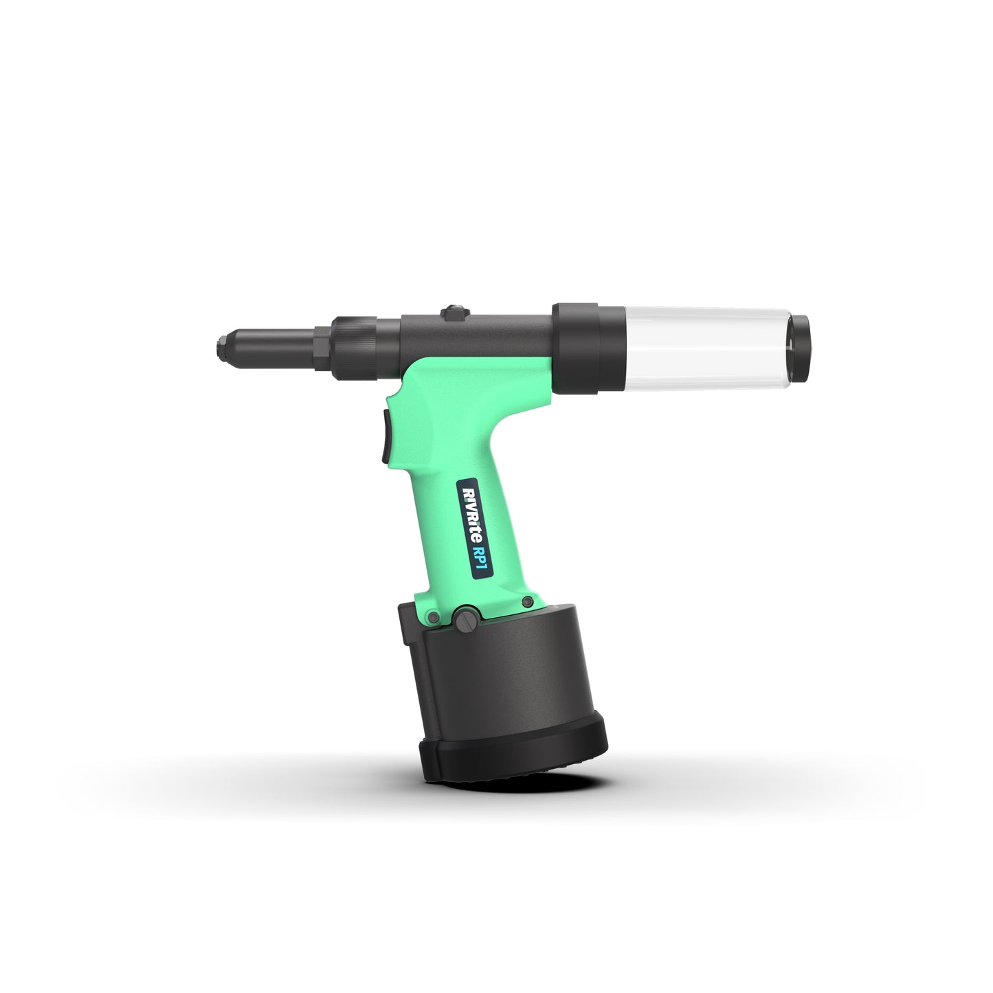Green and black RivRite branded rivet tool on a white background