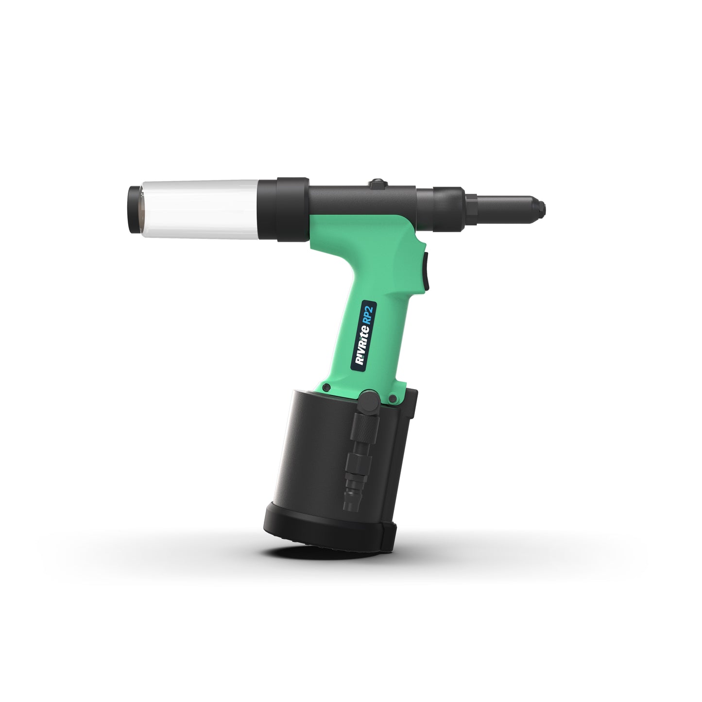 Green and black RivRite branded rivet tool on a white background