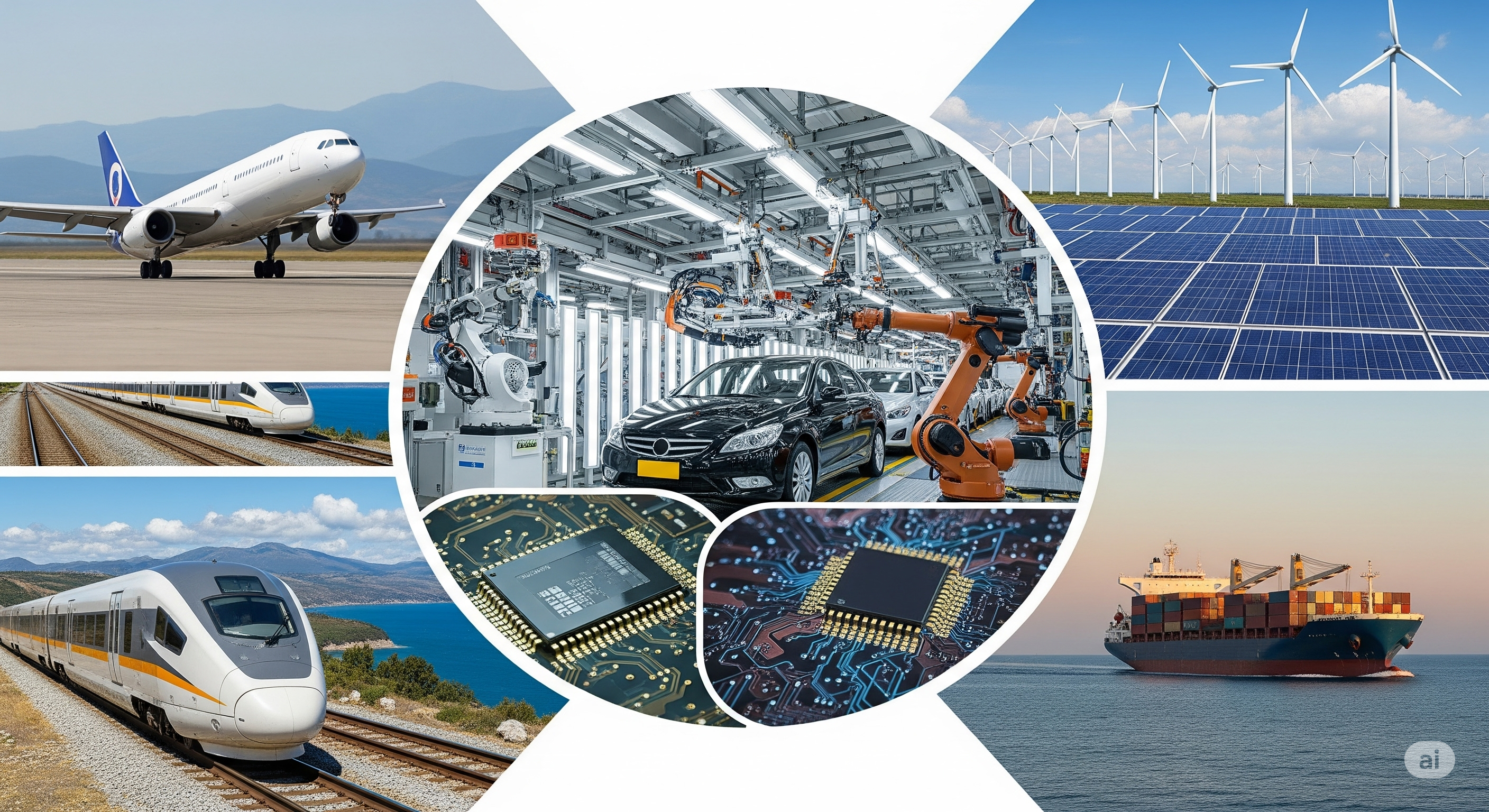 Collage of various industrial and transportation images including a plane, factory, solar panels, train, and cargo ship.
