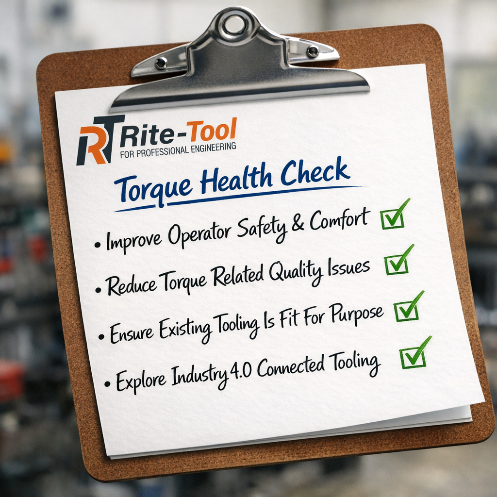 Clipboard with 'Rite-Tool' torque health check checklist on a blurred background