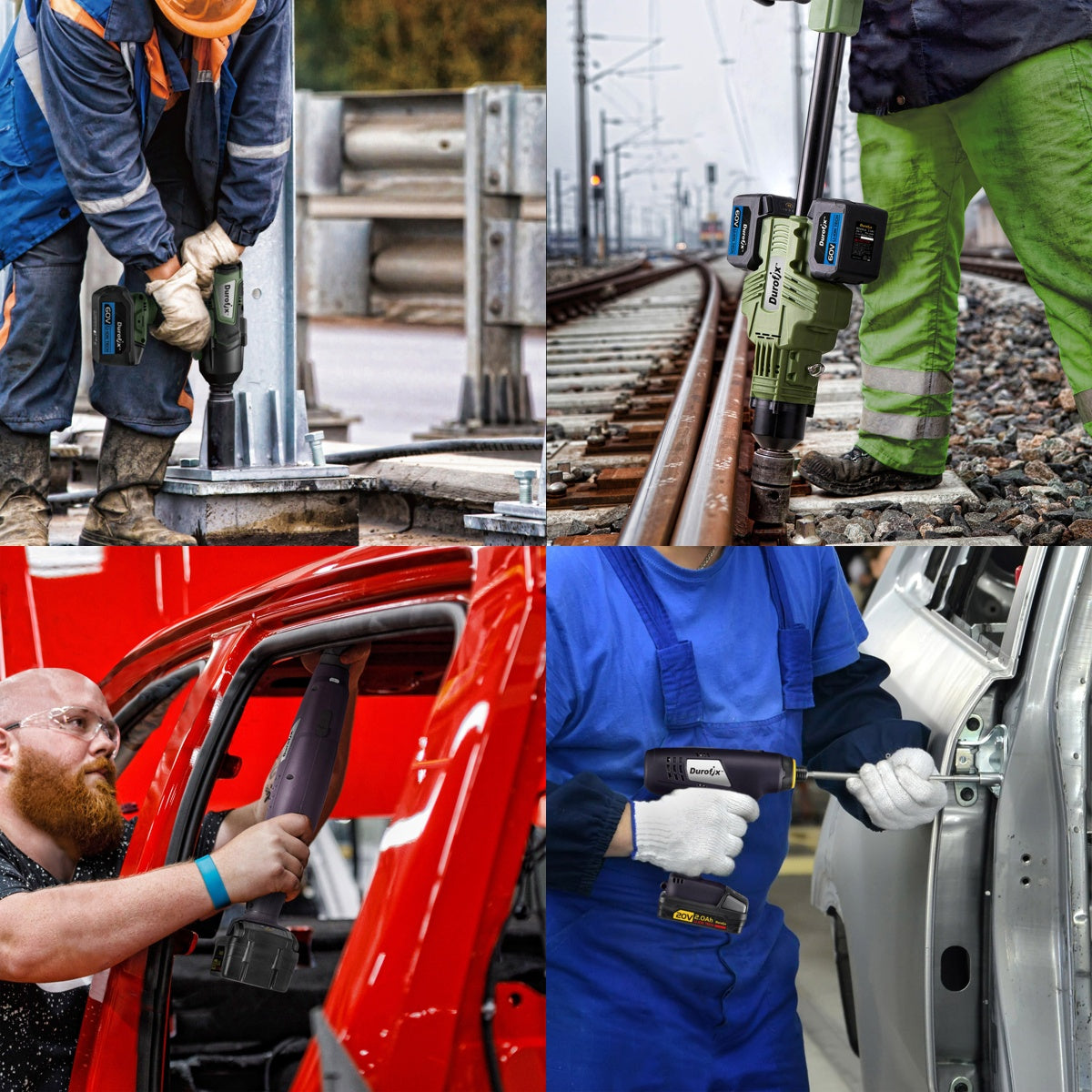 Collage of workers using power tools in various settings
